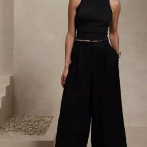 Banana Republic Linen Blend High Rise Wide Leg Crop Pant, Medium, Black